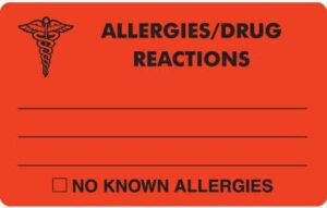 MAP327 - ALLERGIES/DRUG REACTIONS - Fl Red, 4" X 2-1/2" (Roll of 100)