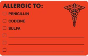 MAP488 - ALLERGIC TO: - Fl Red, 4" X 2-1/2" (Roll of 100)