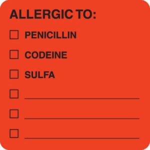 MAP4890 - ALLERGIC TO: - Fl Red 2" X 2" (Roll of 250)