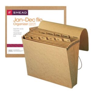 Smead 70186 Expanding File, Monthly (Jan.- Dec.), 12 Pockets, Flap and Cord Closure, 12" W x 10" H, Kraft Stock, 5/Box